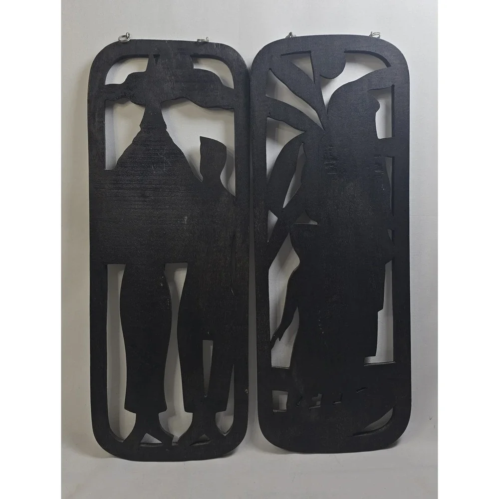 Asian Thai Wood Panel Hanging Wall Decor Set Of 2 Black/Gold